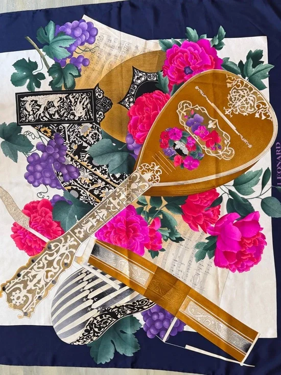 LEONARD Paris 100% Silk Scarf Baroque Arrangement Stringed Instrument Peony Navy - Picture 10 of 16